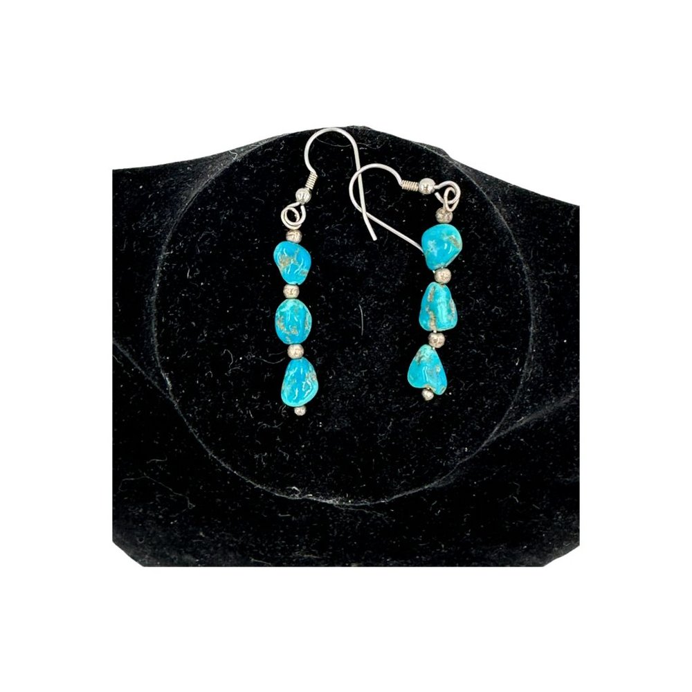 Vintage Silver Tone Three Turquoise Teal Stone Dangling Earings